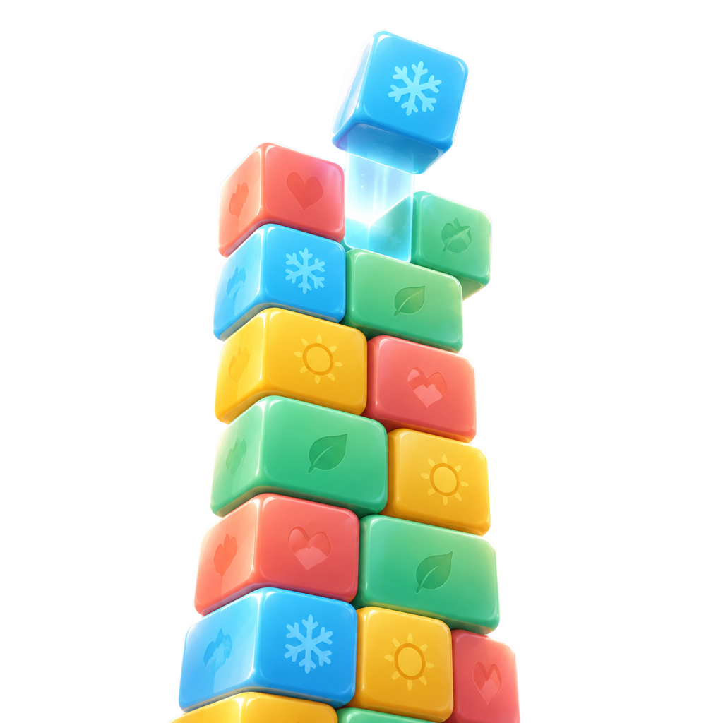 A colorful tower of glossy blocks with one block snapping into place