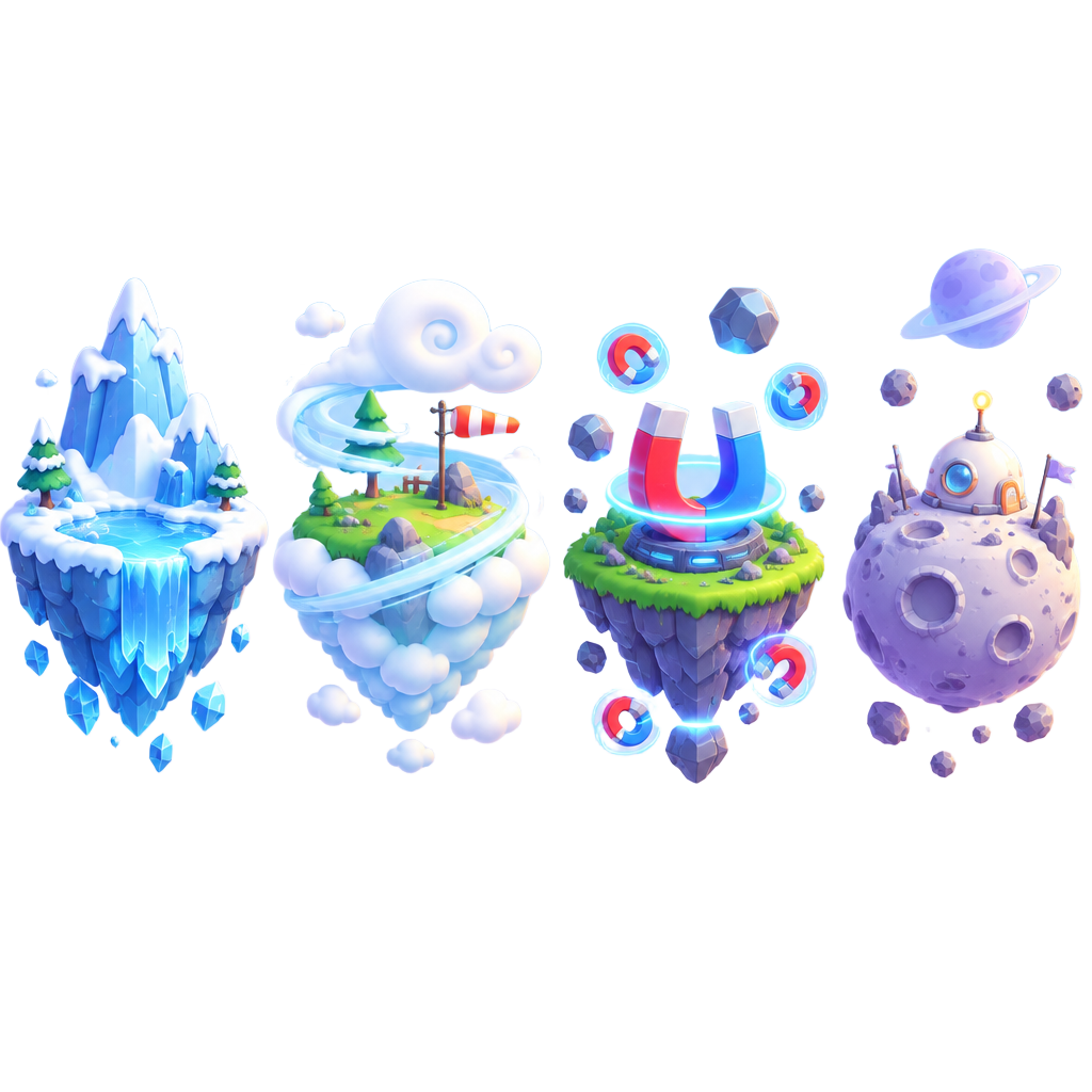 Floating islands themed around ice, wind, magnets, and low gravity